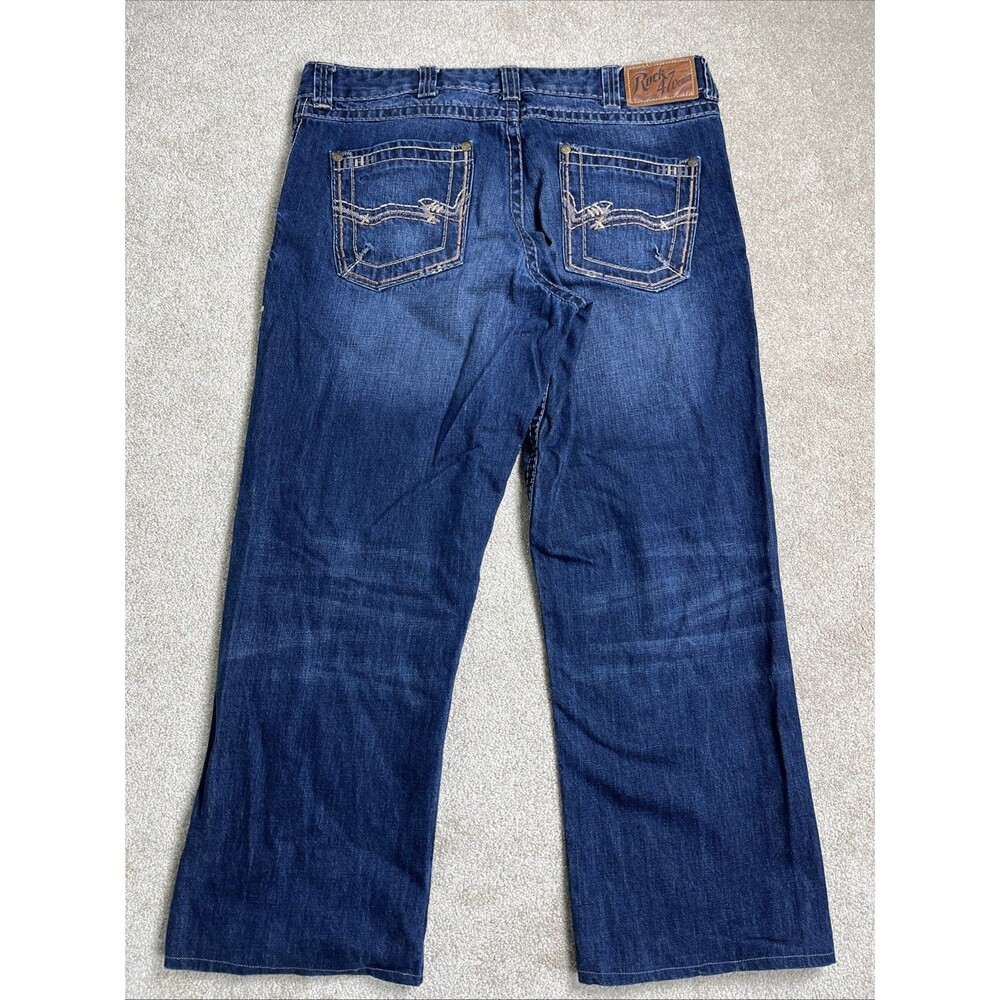 Rock 47 Denim Wrangler‎ Jeans Mens 40x30 Hem Extend 32” Blue Relaxed Embroidered
